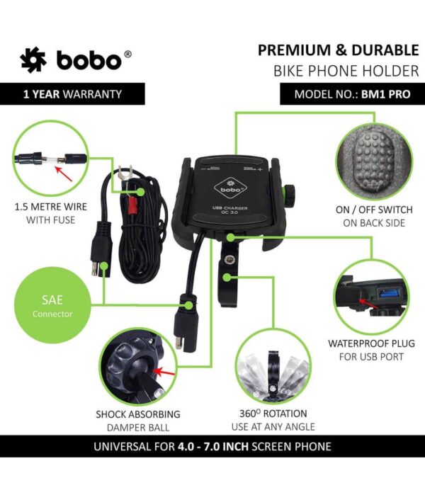 BOBO BM1 Pro Motorcycle Phone Holder (with fast USB 3.0 charger) - Image 4