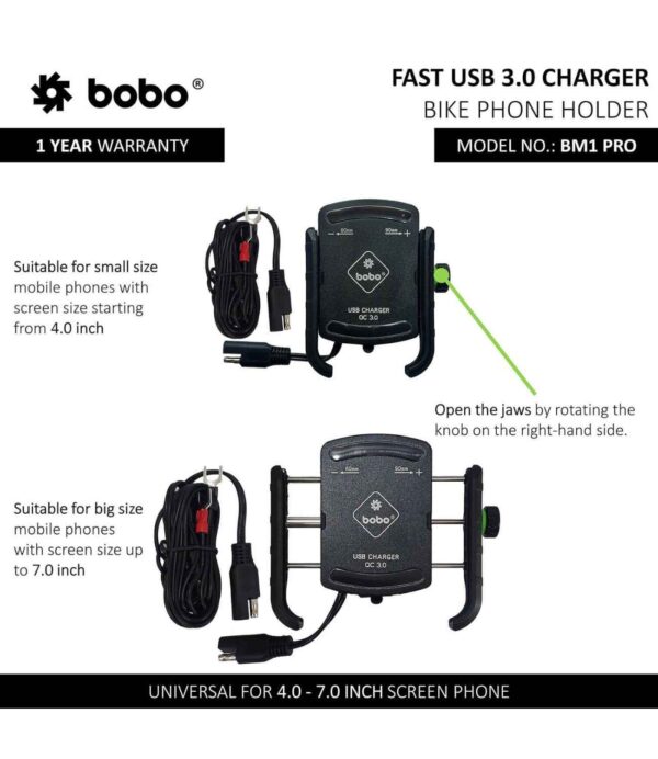 BOBO BM1 Pro Motorcycle Phone Holder (with fast USB 3.0 charger) - Image 2