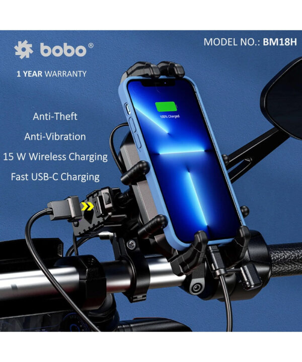 BOBO BM18 Anti-Vibration Bike Phone Holder (with Fast 15W Wireless Charger & USB-C Charging Module) Motorcycle Mobile Mount - Image 5