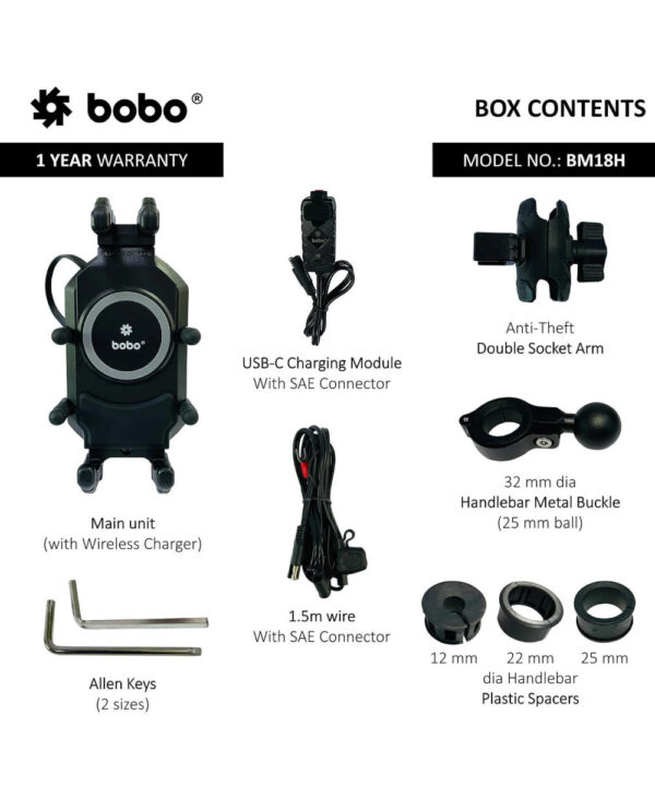 BOBO BM18 Anti-Vibration Bike Phone Holder (with Fast 15W Wireless Charger & USB-C Charging Module) Motorcycle Mobile Mount - Image 2